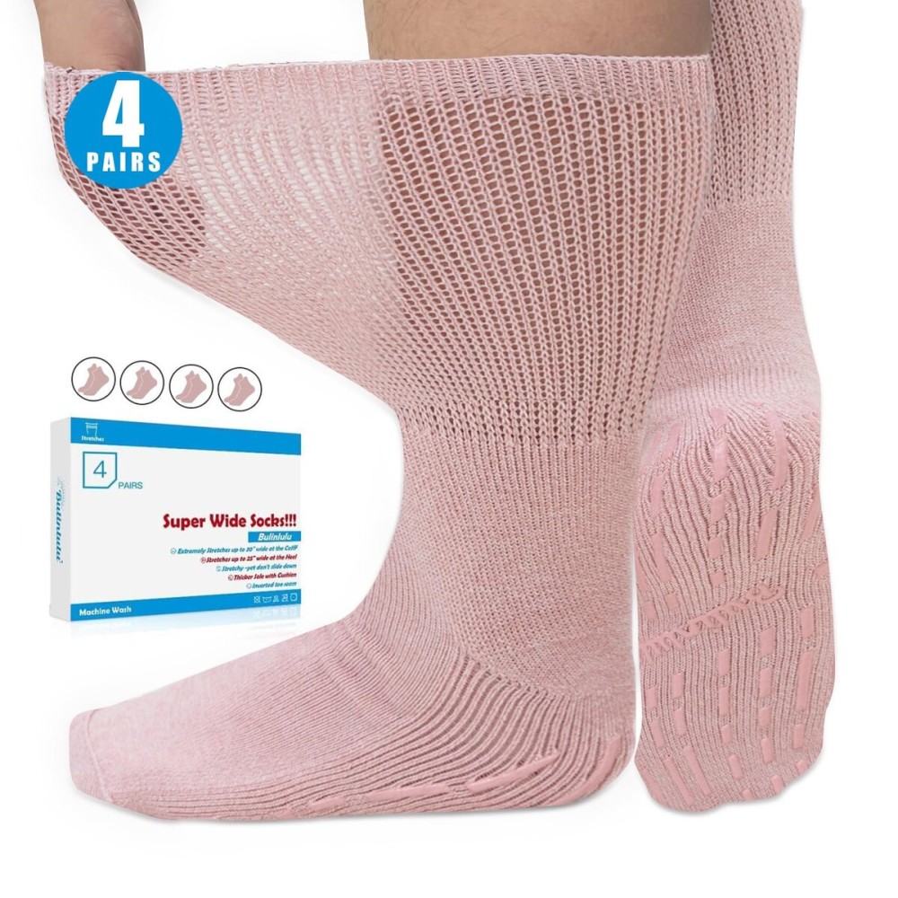 Bulinlulu Extra Width Socks for Swollen Feet - Non Slip Super Width Diabetic, Bariatric, Cast Socks for Men, Lymphedema - 4 Pink, 4 Pairs Super Wide With Grips