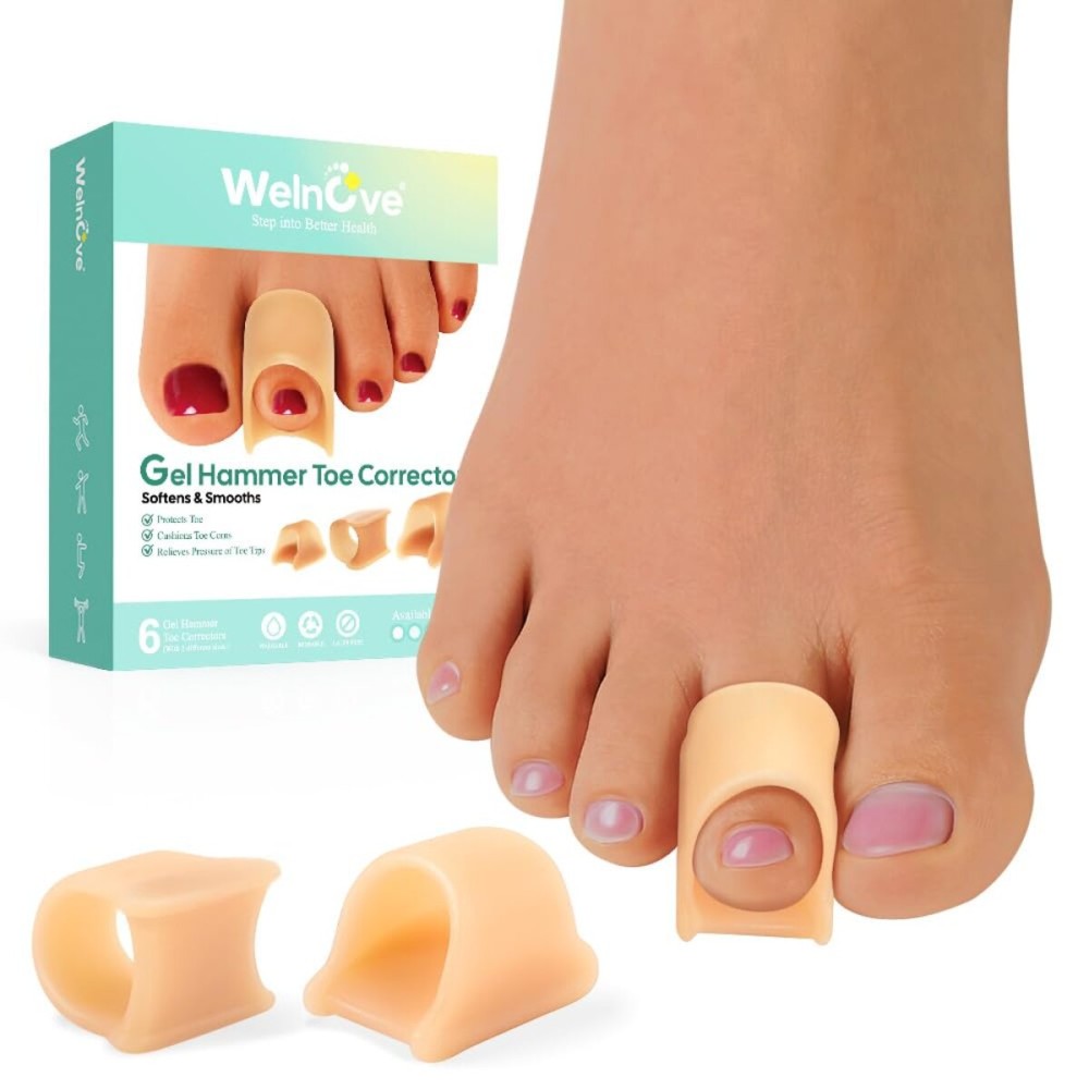 Welnove Hammertoe Corrector - 6 Pack Toe Splints - Soft Gel Toe Straighteners - Realign Bent, Curled, Crooked, Claw, Hammer Toes - Corrector for Men and Women, Large (Beige), FSA or HSA Eligible