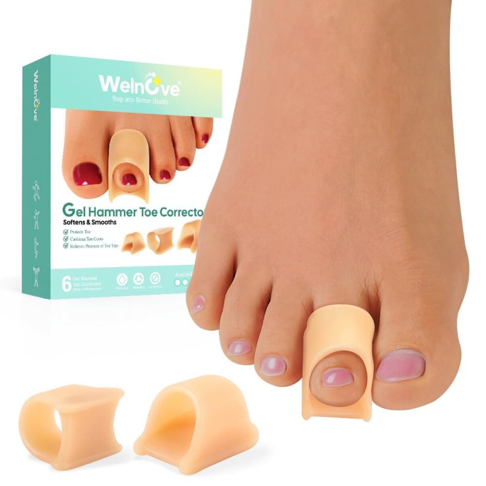 Welnove Hammertoe Corrector - 6 Pack Toe Splints - Soft Gel Toe Straighteners - Realign Bent, Curled, Crooked, Claw, Hammer Toes - Toe Corrector for Men and Women, Medium (Beige), FSA or HSA Eligible