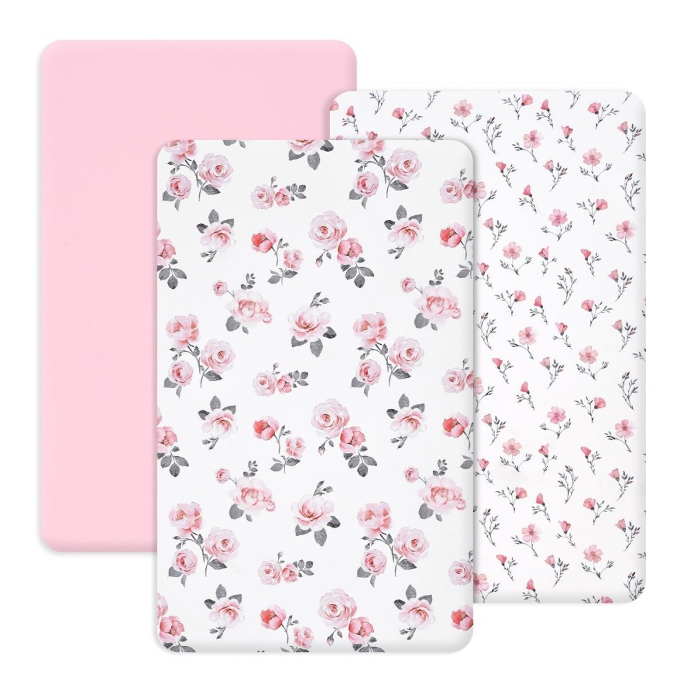 PHF 3 Pack Soft Mini Crib Sheets, Rose Floral Silky Pack N Play Sheets for Baby Boys Girls, Universal Fit for Pack N Play, Playard, Portable and Mini Crib Mattresses, Pink Floral