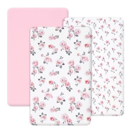 PHF 3 Pack Soft Mini Crib Sheets, Rose Floral Silky Pack N Play Sheets for Baby Boys Girls, Universal Fit for Pack N Play, Playard, Portable and Mini Crib Mattresses, Pink Floral