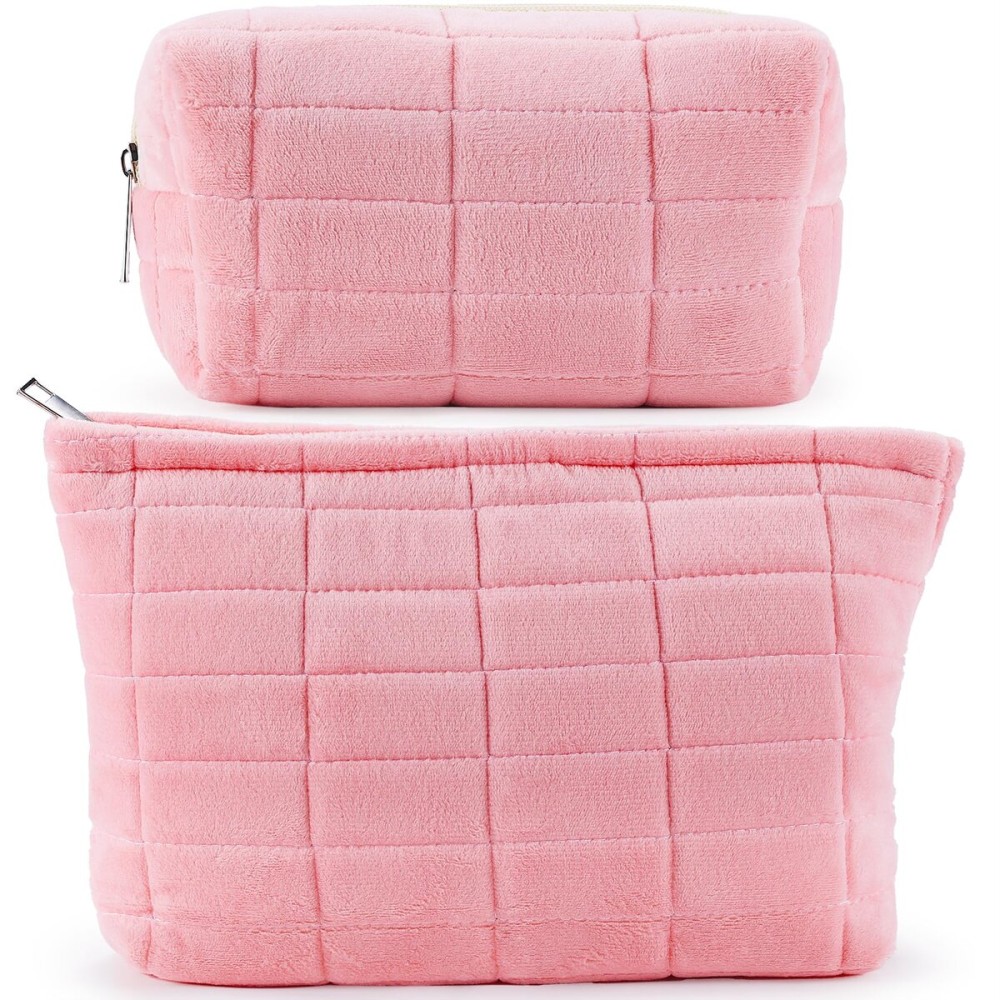 ZLFSRQ 2Pcs Makeup Bag for Women Trendy Large Capacity Cosmetic Bags Plush Pencil Case Pink Checkered Pouch for Purse Coquette Zippered Toiletry Bag Organizer Y2K Aesthetic Pencil Pouch