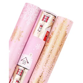 WRAPAHOLIC Christmas Wrapping Paper Roll - Mini Roll - 3 Rolls - 17 Inch X 120 Inch Per Roll - Pink and Gold House, Christmas tree, Snowflake Holiday Collection with Metallic Foil Shine