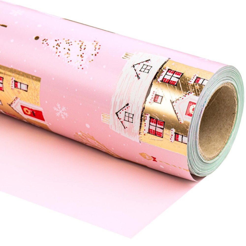WRAPAHOLIC 30 Inch Jumbo Reversible Christmas Wrapping Paper - 30 Inch x 100 Feet Jumbo Roll Pink House and Solid Pink Wrapping Paper with Metallic Foil Shine for Chrsitmas, Holiday, Party
