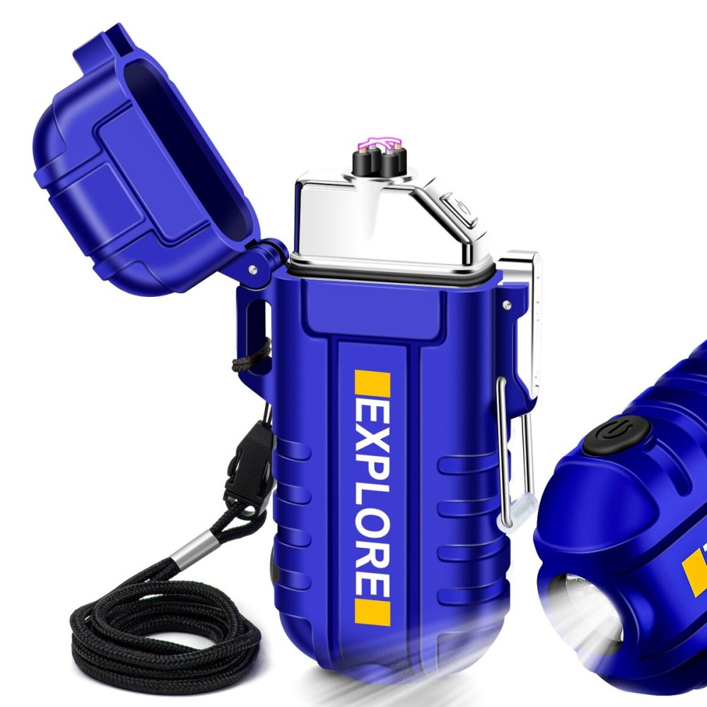 LcFun Electric USB C Rechargeable Lighters Windproof Plasma Dual Arc Lighter Waterproof Flashlight Lighter with Lanyard for Camping, Hiking, Survival Gear Gifts for Men