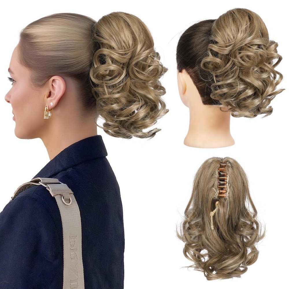 REECHO 9 Short Ponytail Extension, Classic Loose Curly Wavy Claw Clip Pony tails Hair Extensions HP001 Hairpieces for Women - Medium Blonde with Blonde Highlights