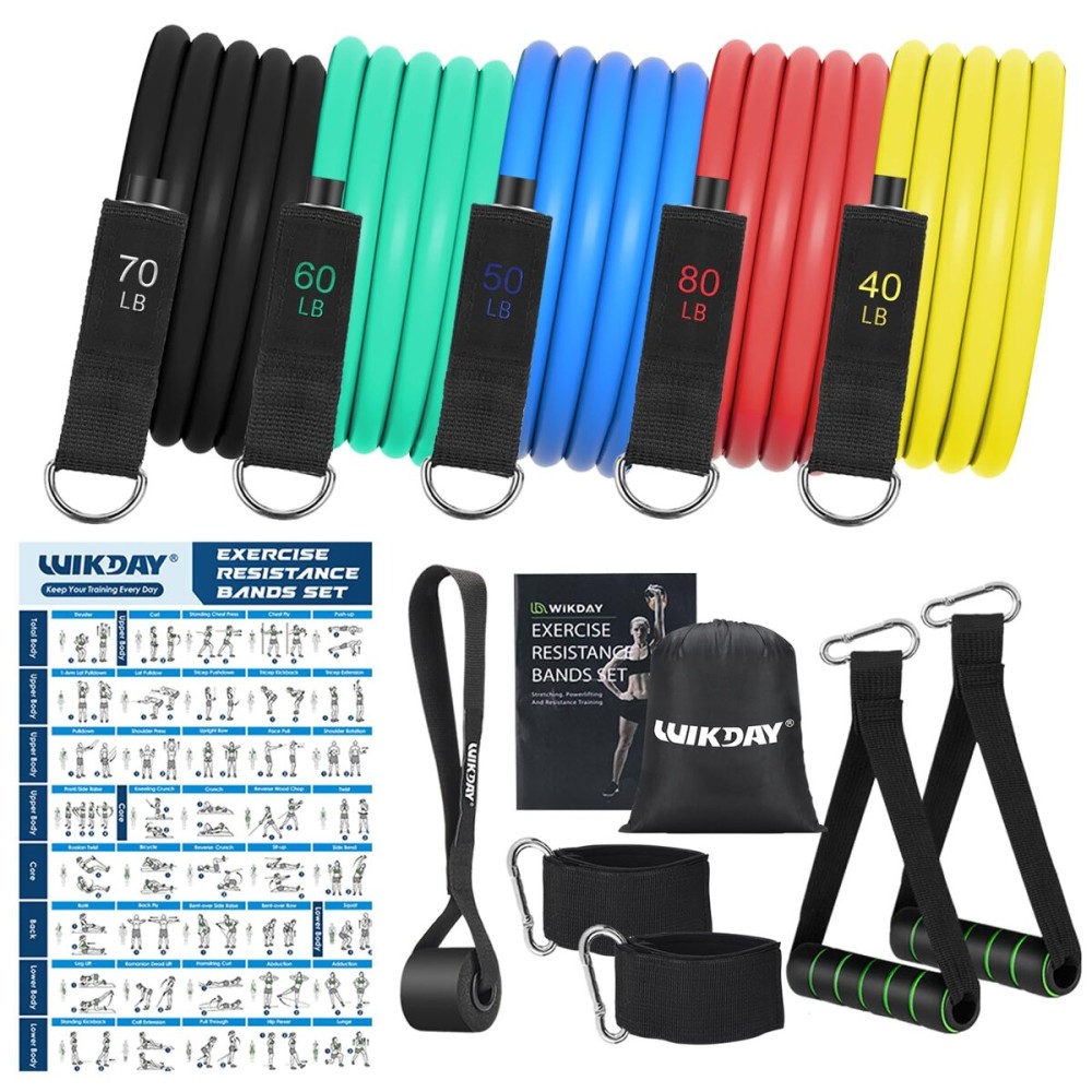 WIKDAY Exercise Resistance Bands with Handles for Working Out, 150/200/250/300 Lbs Workout Bands Set with Door Anchor for Physical Therapy, Yoga, Pilates