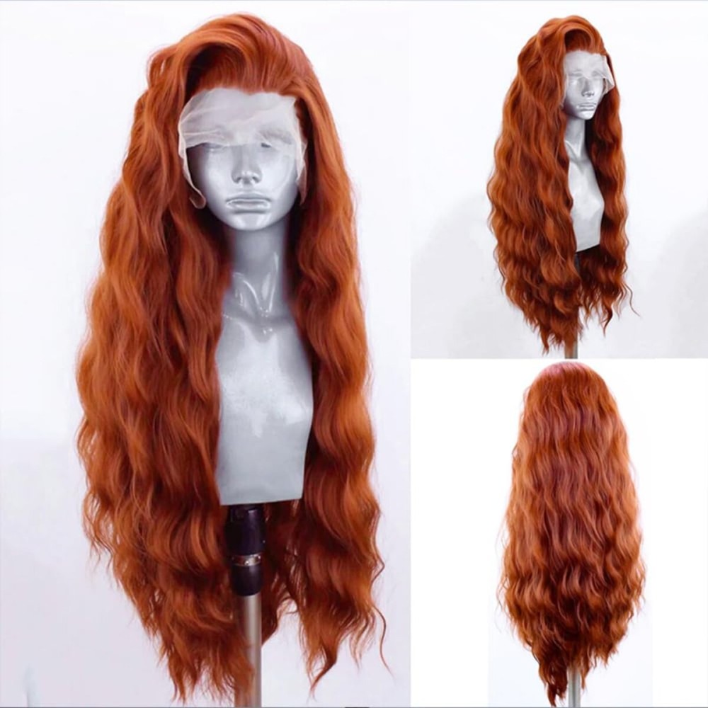 ELESTY Copper Red Synthetic Lace Front Wigs Loose Wavy Long Heat Resistant Fiber Hair Glueless Lace Wigs Side Part Natural Looking Daily Party Wigs for Women