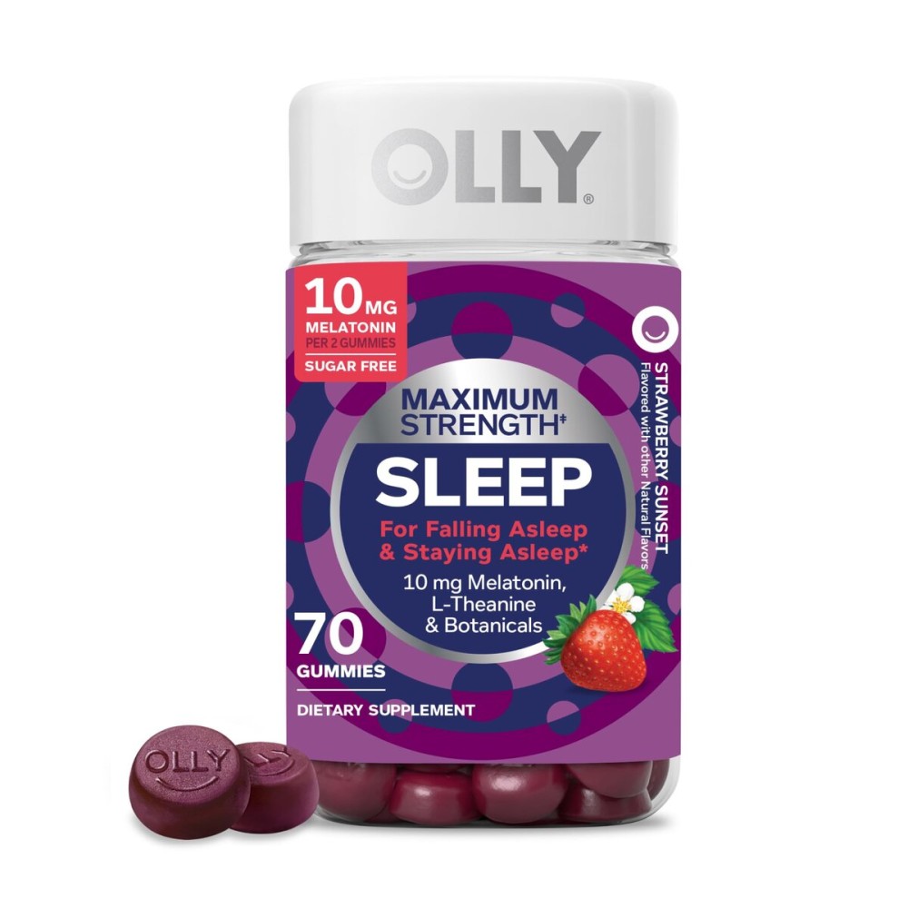 OLLY Max Strength Sleep Gummy, 10mg Melatonin, L-Theanine, Chamomile, Lemon Balm, Sugar Free, Vegetarian Sleep Aid, Strawberry - 70 Count