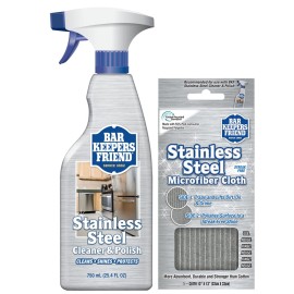 Bar Keepers Friend Stainless Steel Cleaner and Polish Spray (16 oz) Plus 1 Microfiber Cleaning Cloth, 2pc Cleaning Kit to Remove Oily Fingerprints, Grime and Food Debris without Dulling Surfaces