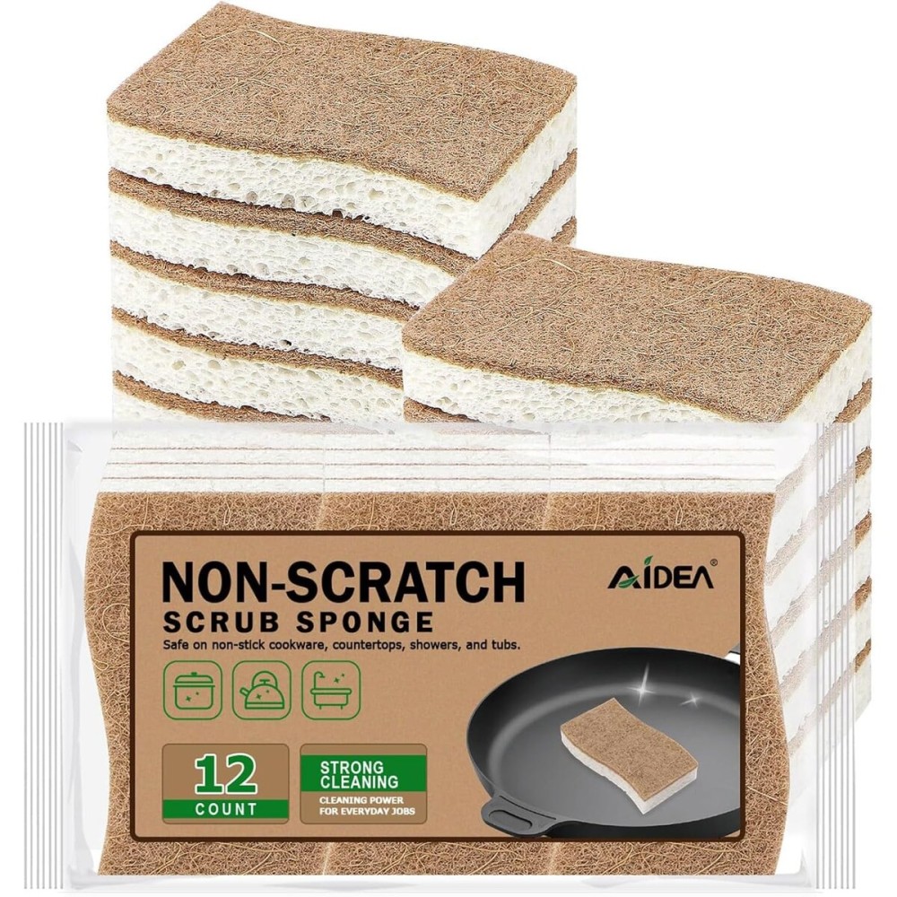AIDEA Sponges Non Scratch, 12Count, Natural Sponge for Non Stick Cookware, Sponges Kitchen, Cellulose Scrub Sponge for Dishes, Cleaning Power for Kitchen, Bathroom, Household