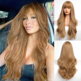 HAIRCUBE Blonde Wig with Bangs for Women Long Wavy Hair Wig Blonde Wig Curly Wavy Synthetic Wigs for Girls Daily Party Use