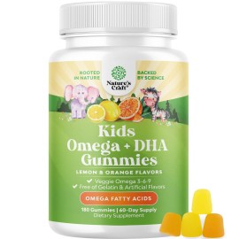 Omega DHA Gummies for Kids - Fatty Acids Omega 3 6 9 with Vitamin C for Brain, Immunity & Vision - Nutritional DHA for Kids for Healthy Nervous System & Focus Support - Fish Free & Vegan - 180 Chews