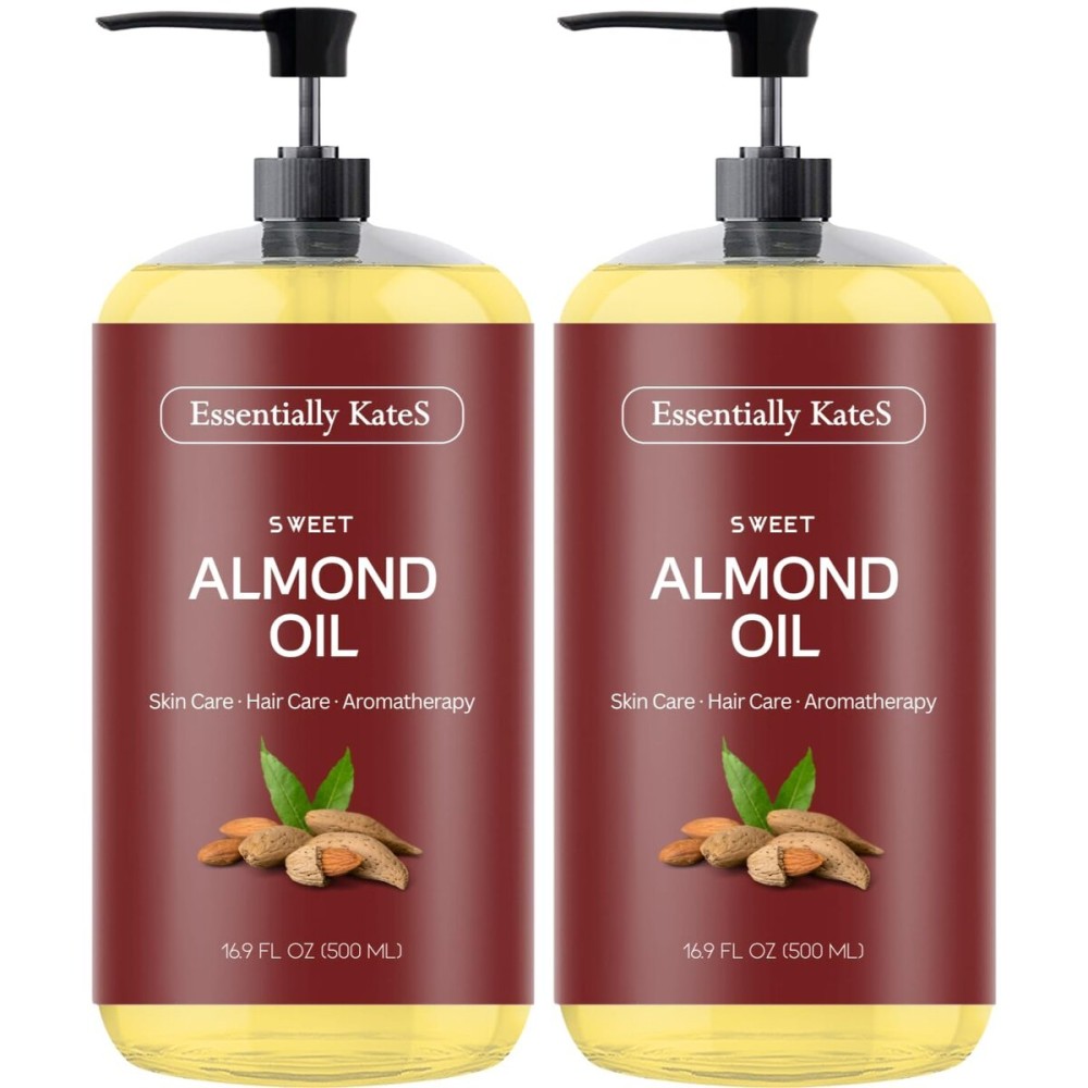 Essentially KateS Sweet Almond Oil 33.8 Fl Oz - Pack of 2 x 16.9 Fl Oz - 100% Pure and Natural - Conditioning, Moisturizing & Nourishing - No Greasy Feel - A Natural Vit. E source