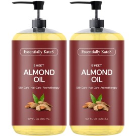 Essentially KateS Sweet Almond Oil 33.8 Fl Oz - Pack of 2 x 16.9 Fl Oz - 100% Pure and Natural - Conditioning, Moisturizing & Nourishing - No Greasy Feel - A Natural Vit. E source