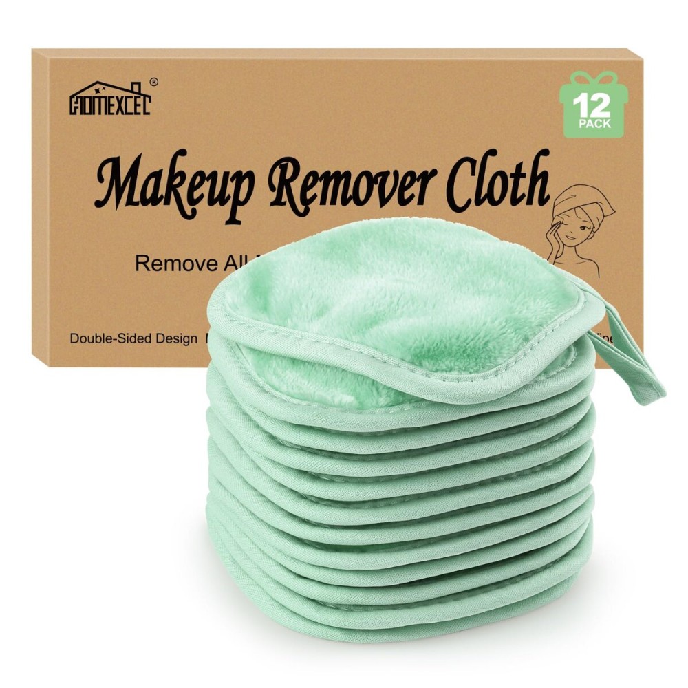 HOMEXCEL Makeup Remover Cloth 12 Count (Pack of 1), Reusable Makeup Remover Pads, Washable Ultra Soft Facial Cleansing Cloths for All Skin Types, 5 X 5 In, Green