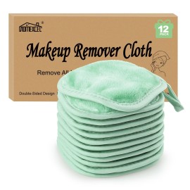 HOMEXCEL Makeup Remover Cloth 12 Count (Pack of 1), Reusable Makeup Remover Pads, Washable Ultra Soft Facial Cleansing Cloths for All Skin Types, 5 X 5 In, Green