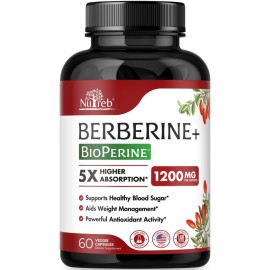 Nutreb Berberine Supplement 1200mg - 5X Higher Absorption - Ultra Pure 98% Berberine HCL - Healthy Weight Management, Immune Support - Non GMO, Manufactured in USA - 60 Vegan Capsules