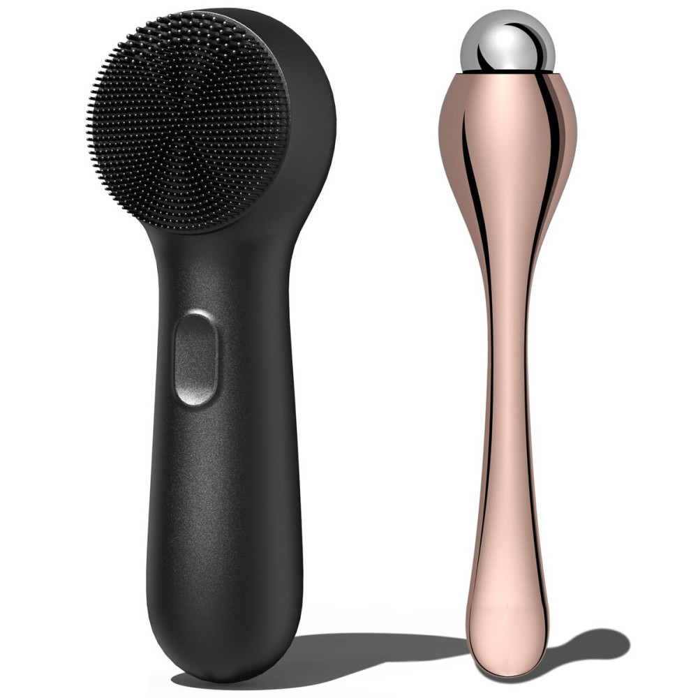 NgraCoola CLIE Silicone Face Scrubber, Facial Cleansing Brush, Rechargeable, Waterproof Face Scrub Brush for Deep Cleansing, Exfoliating, Massage, with Eye Roller, for Women and Men-Black