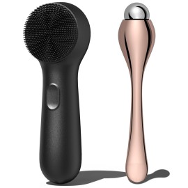 NgraCoola CLIE Silicone Face Scrubber, Facial Cleansing Brush, Rechargeable, Waterproof Face Scrub Brush for Deep Cleansing, Exfoliating, Massage, with Eye Roller, for Women and Men-Black