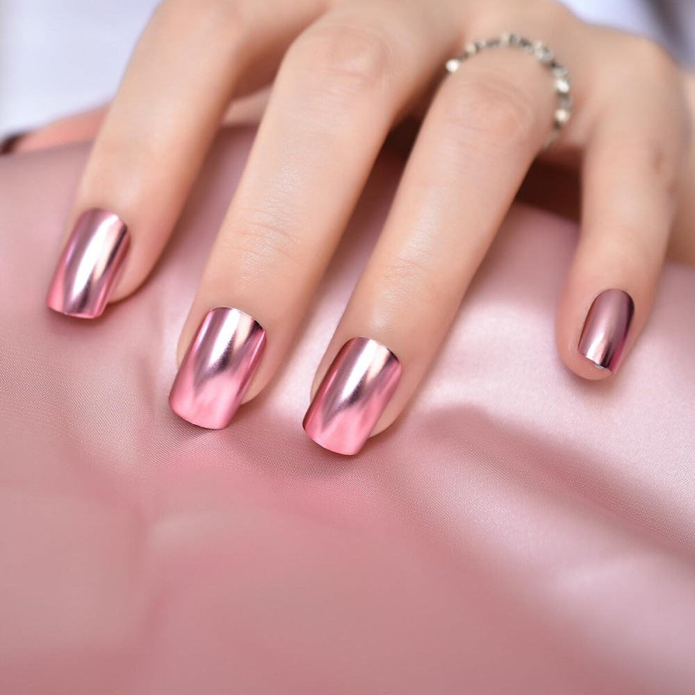 ELEVENAIL Press On False Nails Cool Sweet Metallic Mirror Pink Nail Art Tips Salon Women Girls DIY Manicure Reusable Acrylic Medium Length Squoval Stick On Fake Nails for Daily Office Home Party