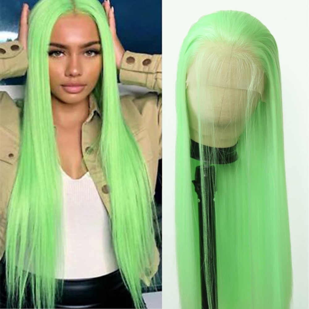 BTWTRY Light Green Synthetic Lace Front Wig Long Straight Apple Green Lace Front Synthetic Wig Pre Plucked Natural Hairline Glueless Heat Resistant Fiber Hair Wig for Fashion Women (Light Green)