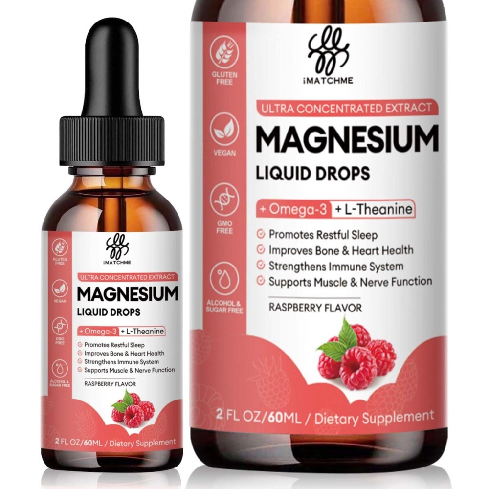 Calm Magnesium Liquid Drop with Magnesium Glycinate, Citrate, Oxide & Taurate for Bone, Heart, Muscle, Immune, Energy, Sleep & Digestion, High Absorption, Sugar-Free, Raspberry Flavor,2 Fl Oz