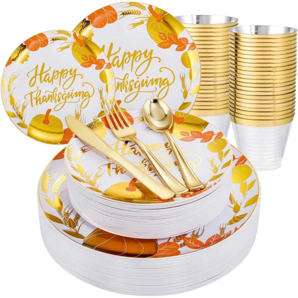 KIRE 150PCS Thanksgiving Plates Dinnerware Pumpkins - Plastic Thanksgiving Plates with Gold Silverware Include 25 for Dinner 25 for Salad 25Forks 25Knives 25Spoons 25Gold Cups
