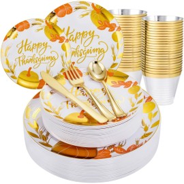 KIRE 150PCS Thanksgiving Plates Dinnerware Pumpkins - Plastic Thanksgiving Plates with Gold Silverware Include 25 for Dinner 25 for Salad 25Forks 25Knives 25Spoons 25Gold Cups