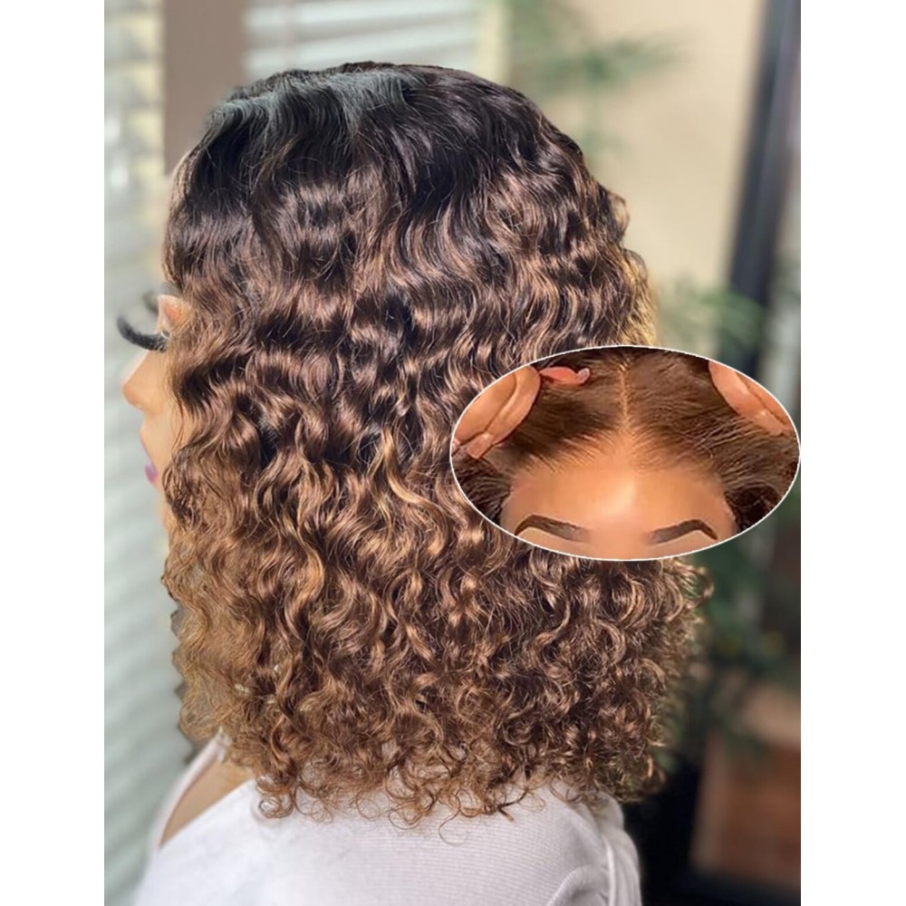 16 Inch Highlight Blonde Wear and Go Glueless Curly Bob Wig Human Hair Pre Plucked, 4/27 Water Wave No Glue wigs,Pre cut HD Lace Front Wigs Human Hair for Women 200% Density