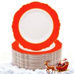 WDF 60pcs Red Christmas Plastic Plates with Gold Rim - 10.25inch Red Dinner Plates Disposable Plates Table Decor for Christmas