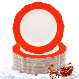 WDF 60pcs Red Christmas Plastic Plates with Gold Rim - 10.25inch Red Dinner Plates Disposable Plates Table Decor for Christmas