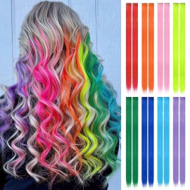 FESHFEN Colored Clip in Hair Extensions - 16 PCS 8 Colors Highlighted Hair Piece Straight Synthetic Clip in Hairpieces for Women 22 inch