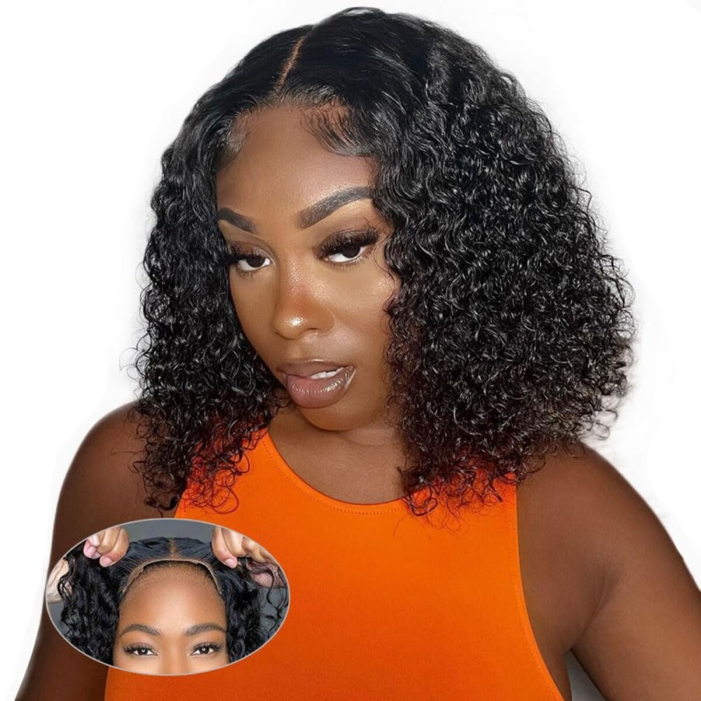 GOLFMAX Wear and Go Glueless Wigs Human Hair Pre Plucked Pre Cut Short Bob Wig Human Hair Wigs With Elastic Band For Black Women Deep Wave Curly 4x4 Closure Wig Water Wave Wigs 12 Inch