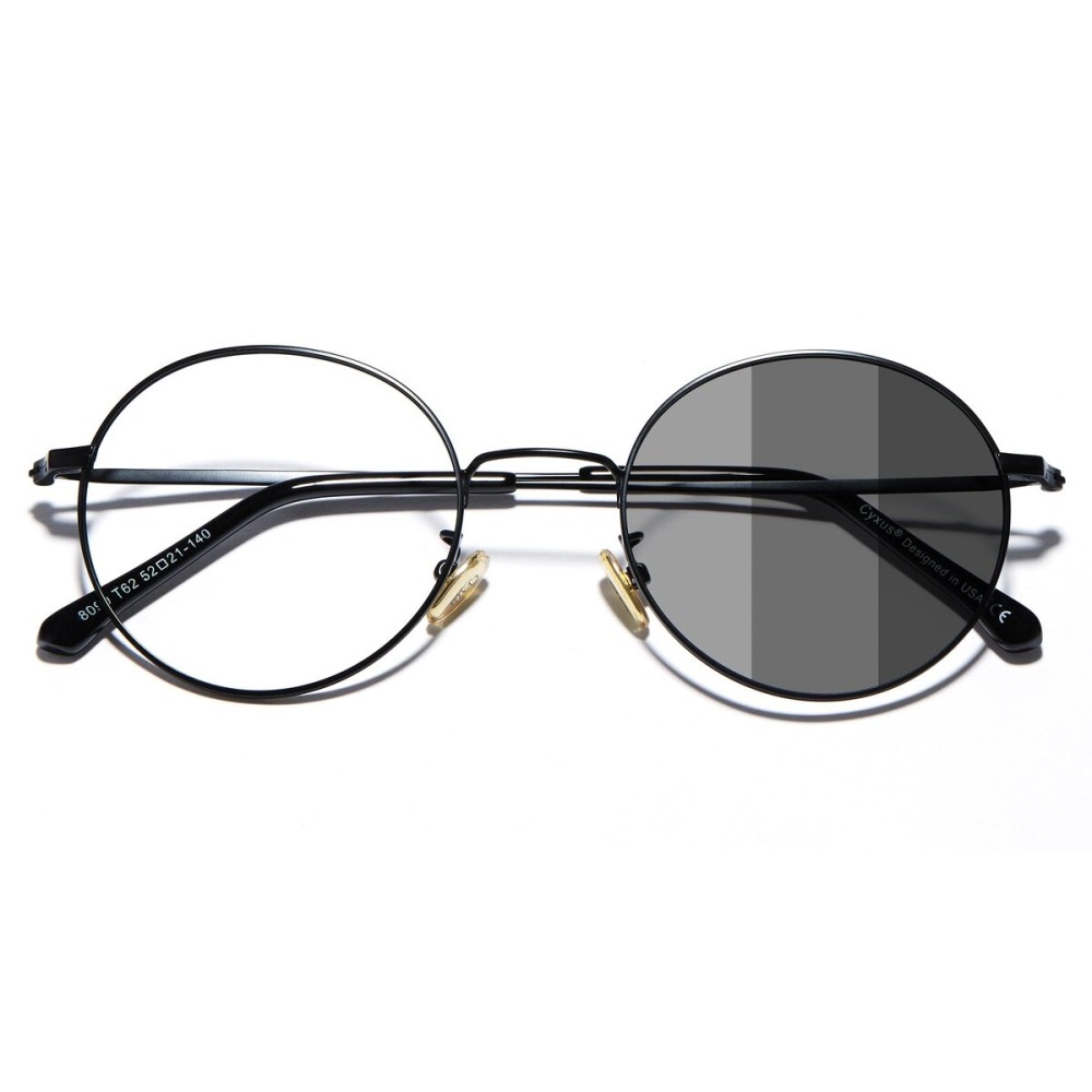 Cyxus Photochromic Blue Light Glasses for Men Women Round Wire Screen Computer Glasses UV Protection Sunglasses Ultralight Black Metal Frame Eyewear