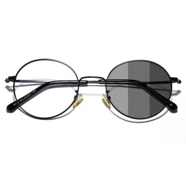 Cyxus Photochromic Blue Light Glasses for Men Women Round Wire Screen Computer Glasses UV Protection Sunglasses Ultralight Black Metal Frame Eyewear