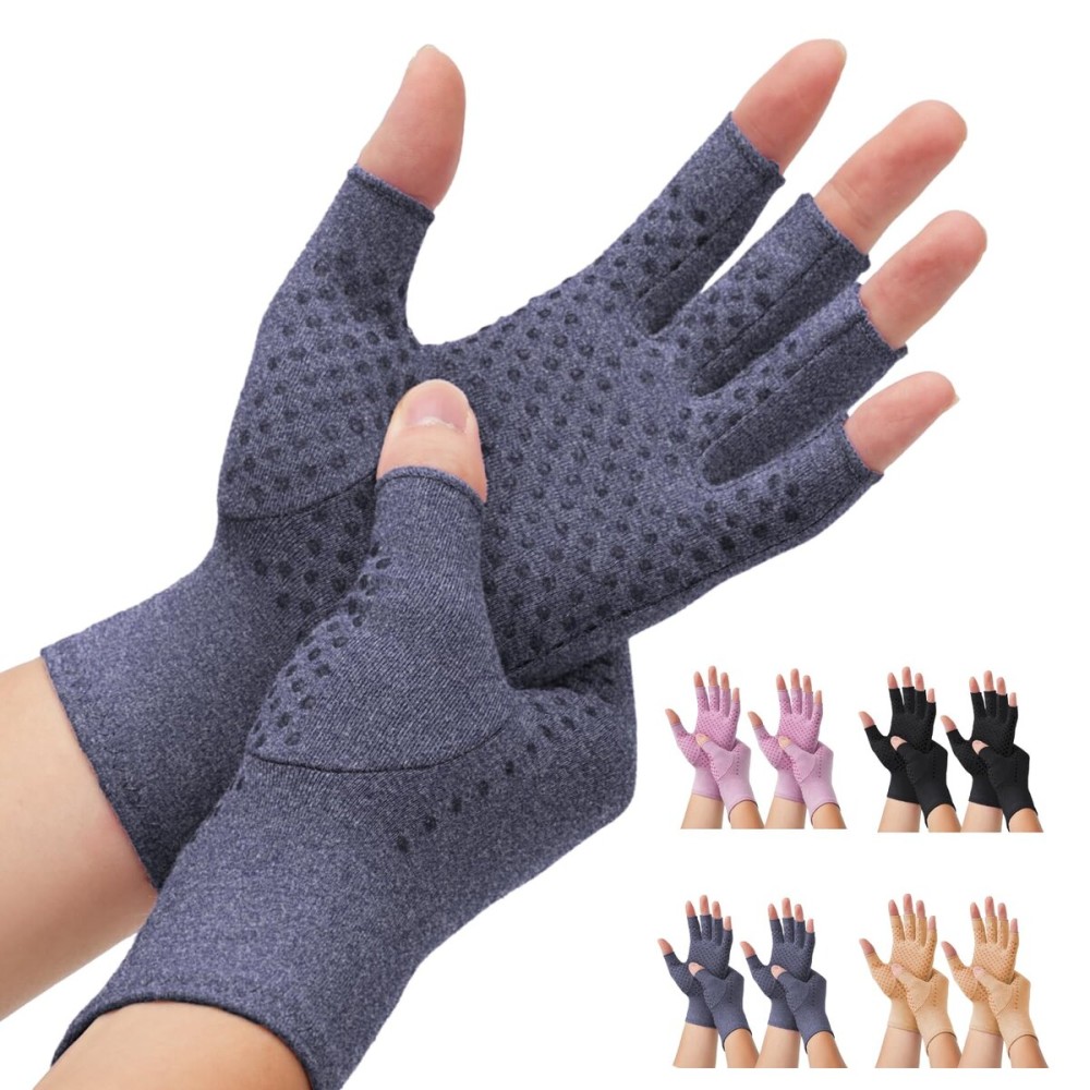 DRNAIETY 2-Pair Arthritis Compression Gloves- for Hand Arthritis, Carpal Tunnel Pain, Rheumatoid Arthritis, RSI, Fingerless, Anti-Slip, Breathable Gloves for Men & Women, Typing, Daily Use(L Blue)