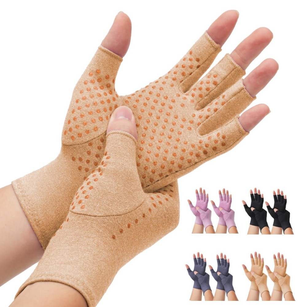 DRNAIETY 2-Pair Arthritis Compression Gloves- for Hand Arthritis, Carpal Tunnel Pain, Rheumatoid Arthritis, RSI, Fingerless, Anti-Slip, Breathable Gloves for Men & Women, Typing, Daily Use(M Brown)