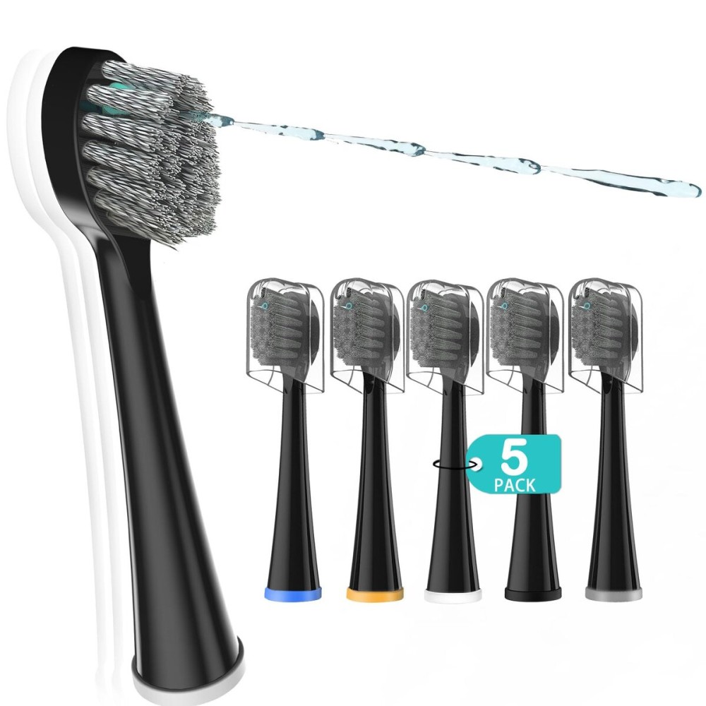 Replacement Brush Heads for Waterpick Sonic Fusion 2.0 - Flossing Toothbrush Head for Water pik with Color-Coded Rings & Hygienic Caps - 5 Pack Black Hard Bristles - Compact Size