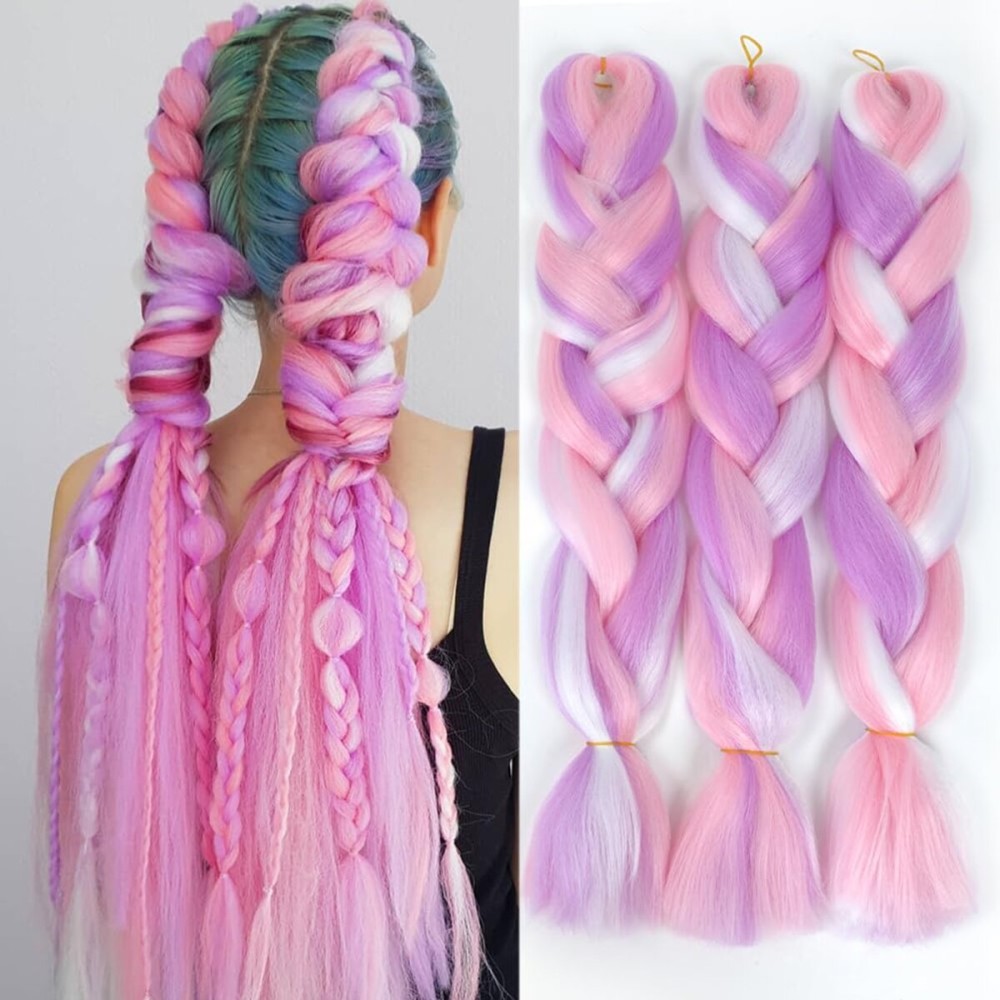 AFNOTE Rainbow Braid in Hair Extensions 24 inch 3 Packs Synthetic High Temperature Jumbo Braiding Hair Profession Crochet Colored Hair Extensions for Braiding(Purple/Pink/White)