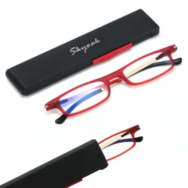 SKYOAK Ultra thin Lightweight Folding Reading Glasses Women Men TR90 Blue Light Blocking Anti UV/Eyestrain Foldable Compact Computer Readers Portable Unique Stretchable Slim Flat Case Red +1.25