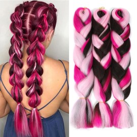 AFNOTE Rainbow Braid in Hair Extensions 24 inch 3 Packs Synthetic High Temperature Jumbo Braiding Hair Profession Crochet Colored Hair Extensions for Braiding(Hot Pink/Pink/Brown)