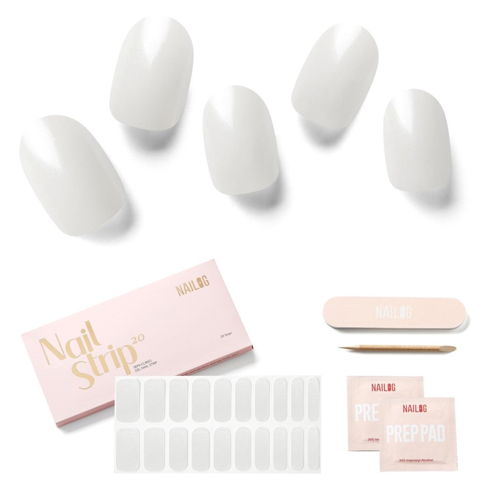 NAILOG Semi Cured Gel Nail Strips (20 Extra Long Stickers/Wraps) | Buy 2 Get 1 UV Lamp| Glossy & Long Lasting Soft Gel Finishing | Pearl White