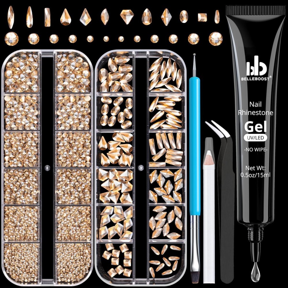 Rhinestones for Nails, Manicure Kit with Rhinestone Glue Gel, Multi Shapes Champagne Glass 3D Nail Charms + Flatback 2-5mm Round Beads & Gem Glue (UV/LED Needed) with Dotting Tools