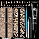 Rhinestones for Nails, Manicure Kit with Rhinestone Glue Gel, Multi Shapes Champagne Glass 3D Nail Charms + Flatback 2-5mm Round Beads & Gem Glue (UV/LED Needed) with Dotting Tools