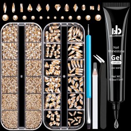 Rhinestones for Nails, Manicure Kit with Rhinestone Glue Gel, Multi Shapes Champagne Glass 3D Nail Charms + Flatback 2-5mm Round Beads & Gem Glue (UV/LED Needed) with Dotting Tools