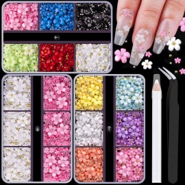 3D Flowers for Nails, Colorful Acrylic Flower Nail Charms with Caviar Beads, Rhinestones for Nails 3D Nail Charms for Acrylic Nails with Pickup & Dotting Tools for Manicure DIY Nail Art Decor