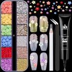 3D Flowers Manicure Gems with Nail Rhinestone Glue Gel, Colorful Acrylic Flower Nail Charms with Caviar Beads, Rhinestones and Gem Glue for Nails (UV/LED Needed) with Pickup & Dotting Tools