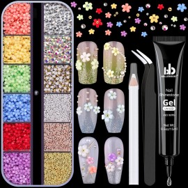 3D Flowers Manicure Gems with Nail Rhinestone Glue Gel, Colorful Acrylic Flower Nail Charms with Caviar Beads, Rhinestones and Gem Glue for Nails (UV/LED Needed) with Pickup & Dotting Tools