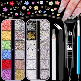 3D Nail Charms, Manicure Kit with Nail Rhinestone Glue Gel (UV Curing), Butterfly Colorful Flower Starry AB Gems Caviar Beads Half Round Pearl & Flatback Glass AB + Clear Gems with Dotting Tools
